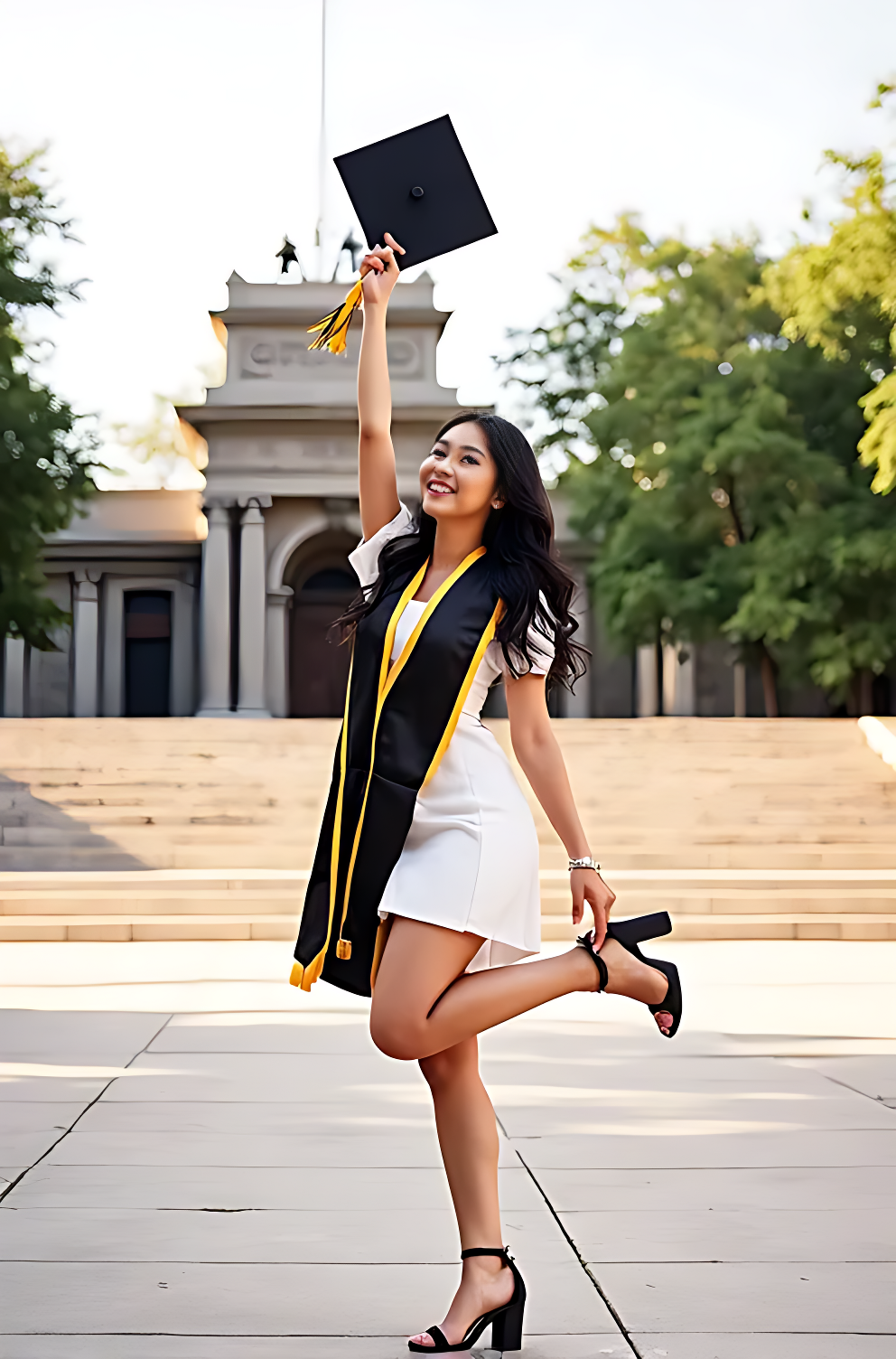 Asian girl doing the cap raise pose for her graduation photo