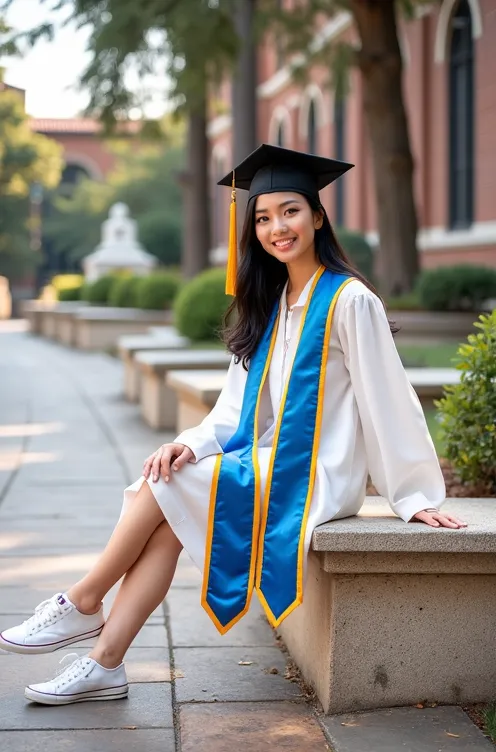 Asian girl sitting cross-legged for her graduation photo