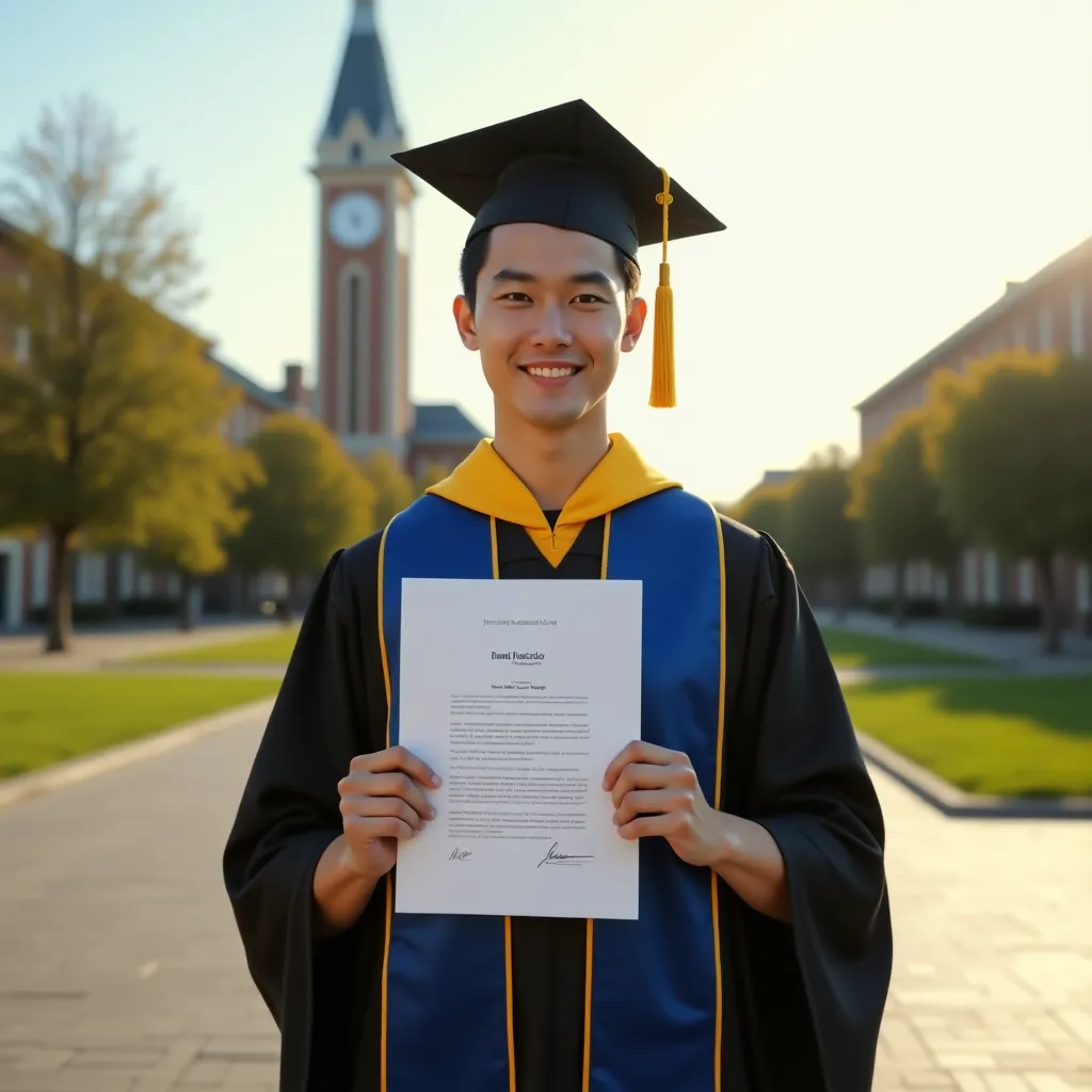 A man showing his diploma on university campus