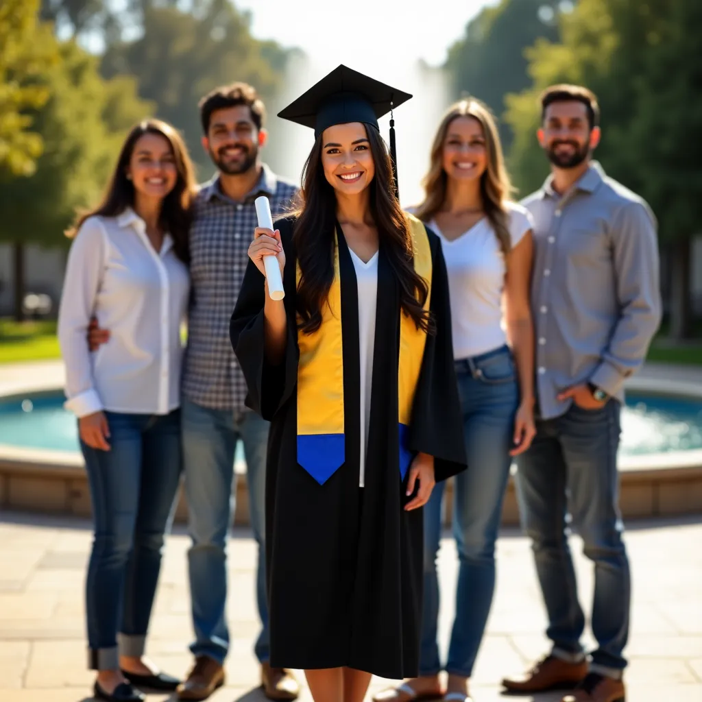 A girl in graduation gown while her loved ones are behind her for her support